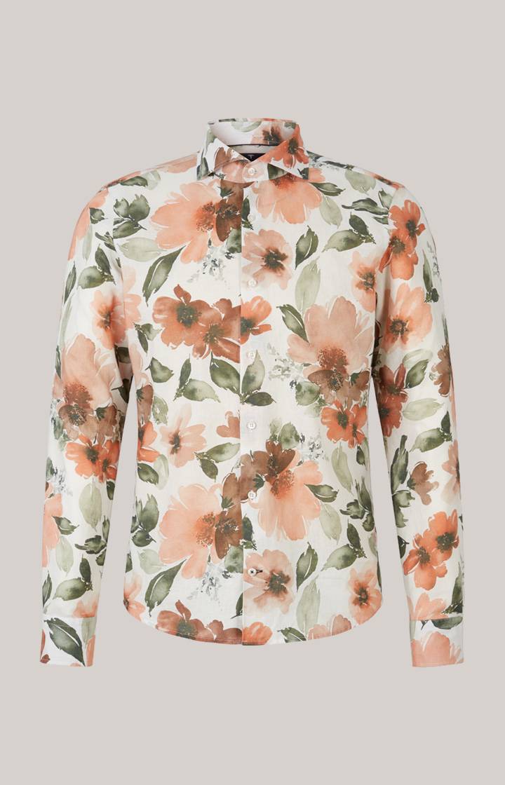 Joop Leinenmix-Hemd Pai in Weiß/Oliv/Rostrot gemustert Black Friday Preise