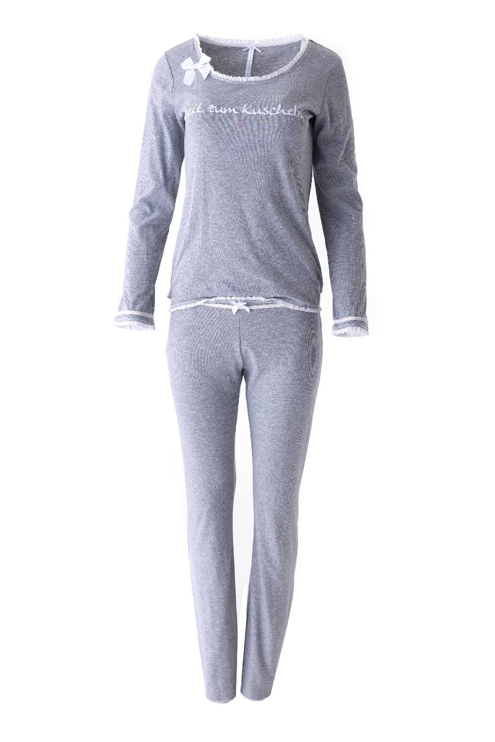 Louis & Louisa Pyjama Damen Rippe "Zeit zum Kuscheln", grau Black Friday Preise