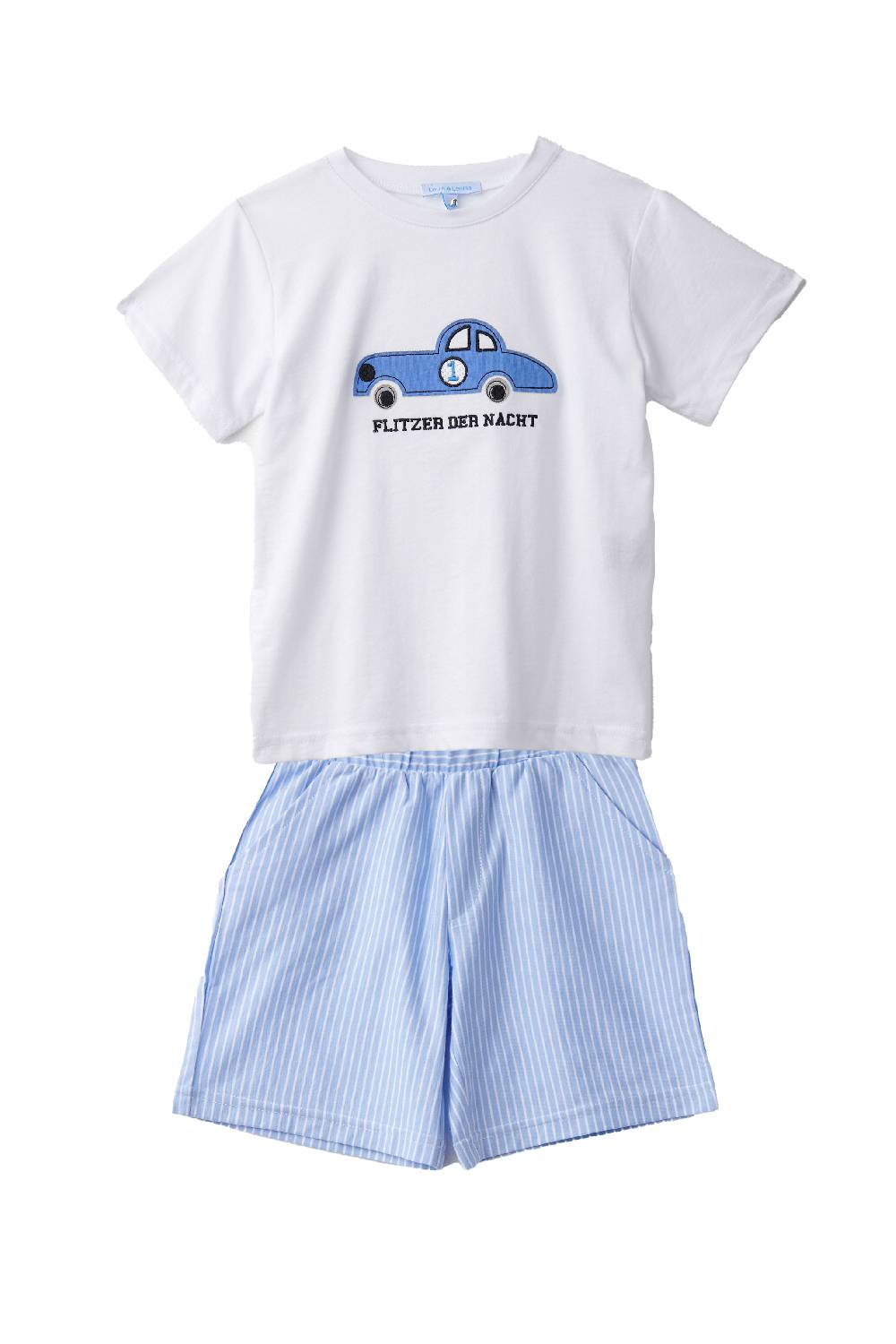 Louis & Louisa Short-Set Jungs "Auto", weiß / blau gestreift Günstig kaufen