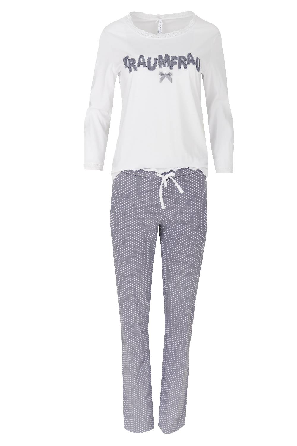 Louis & Louisa Pyjama Damen Basic "Traumfrau", weiß / grau allover Begrenztes Angebot
