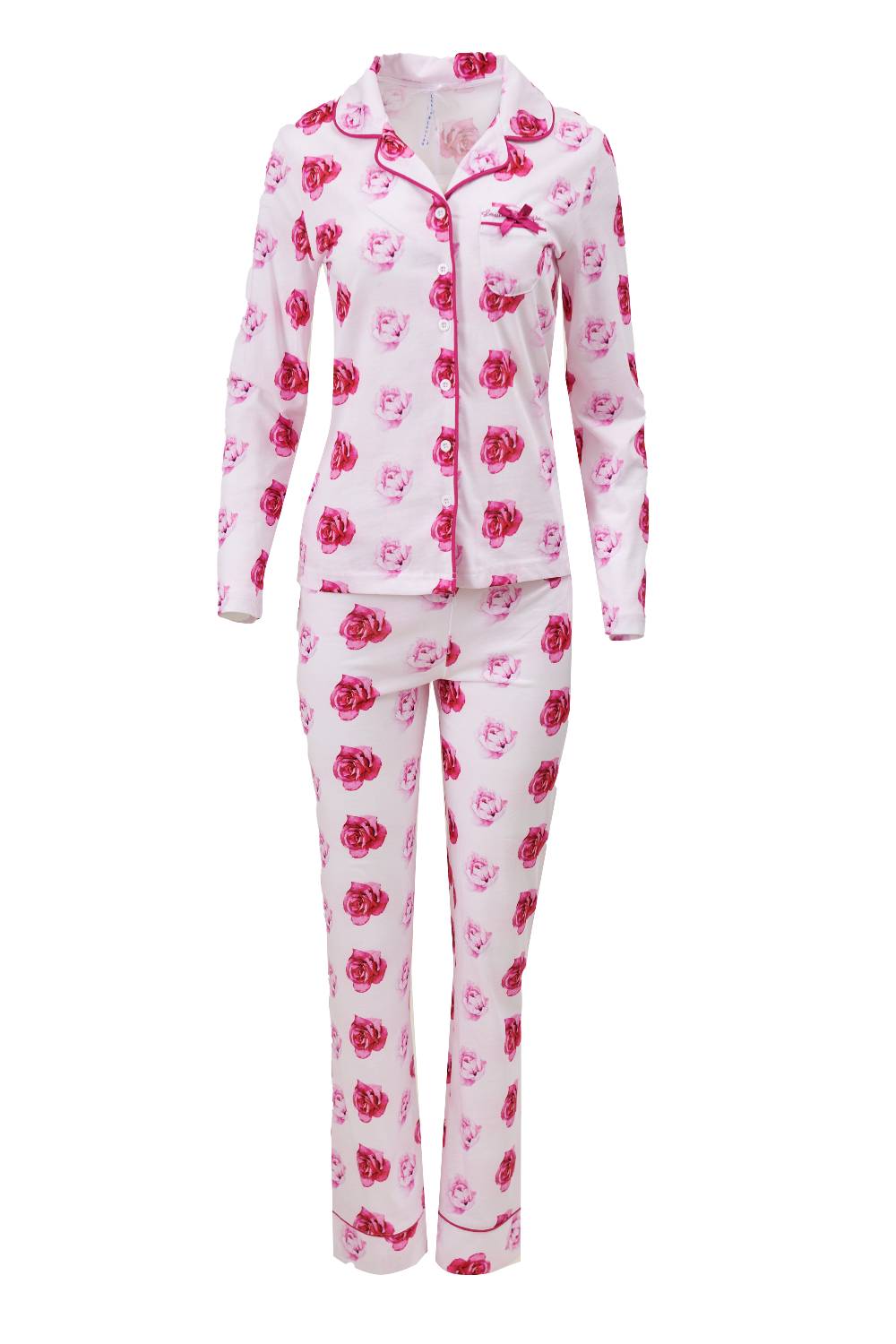 Louis & Louisa Pyjama Damen Knopfleiste "Rosarote Träume", weiß allover Neueste Stile