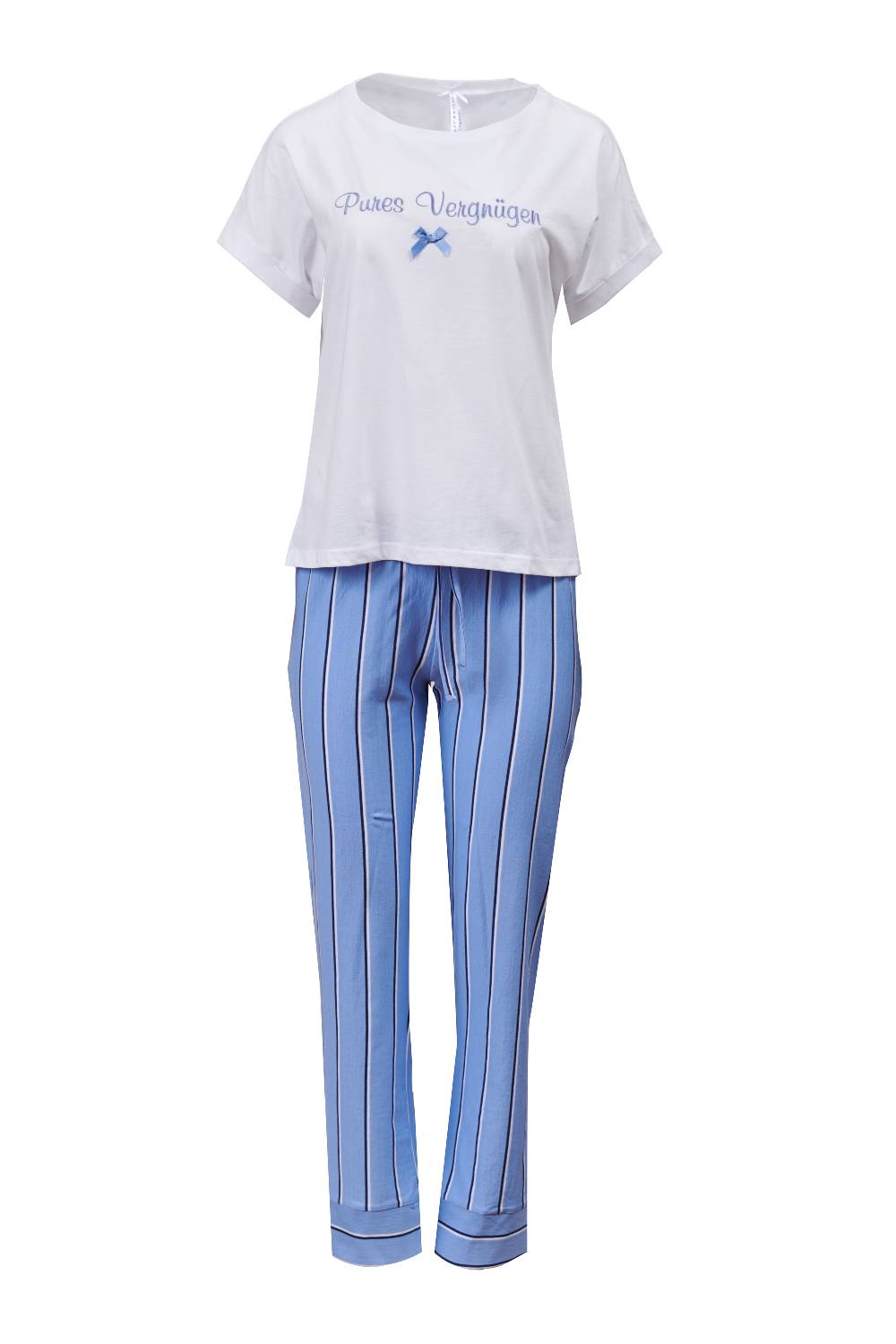 Louis & Louisa Pyjama Damen Basic "Pures Vergnügen", weiß/ blau gestreift Sonderangebot der Fabrik