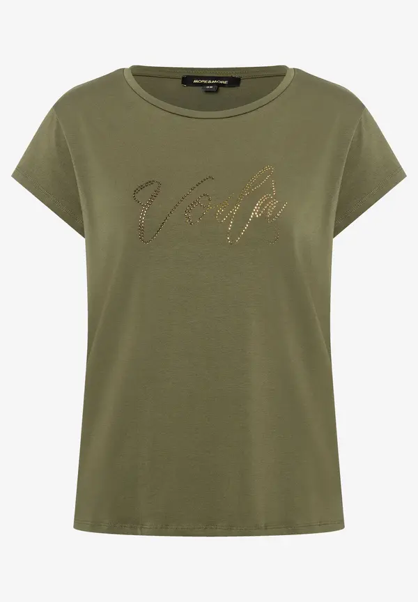 More & More T-Shirt mit Strass-Schriftzug, oliv Clearance-Verkauf