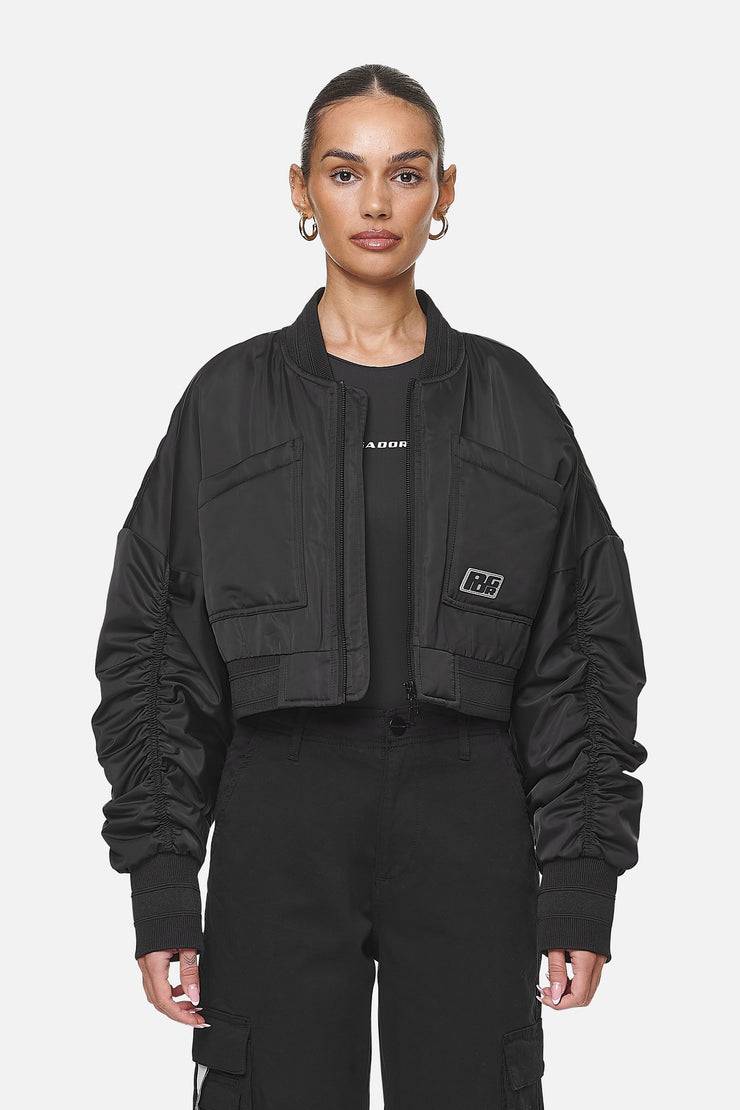 Pegador Laura Cropped Ruffed Oversized Jacket Black Sonderangebot der Fabrik