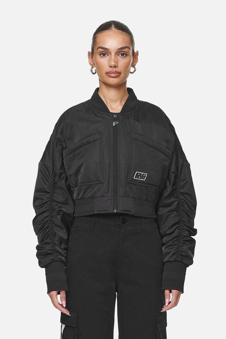 Pegador Laura Cropped Ruffed Oversized Jacket Black Sonderangebot der Fabrik