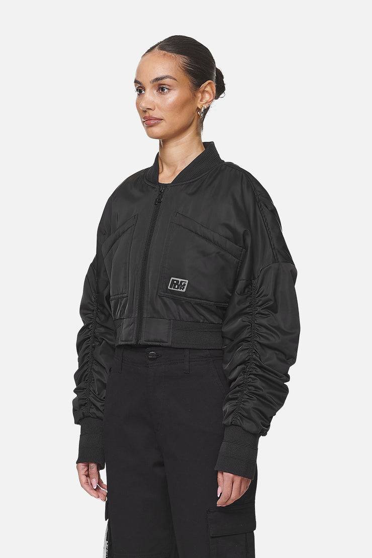Pegador Laura Cropped Ruffed Oversized Jacket Black Sonderangebot der Fabrik