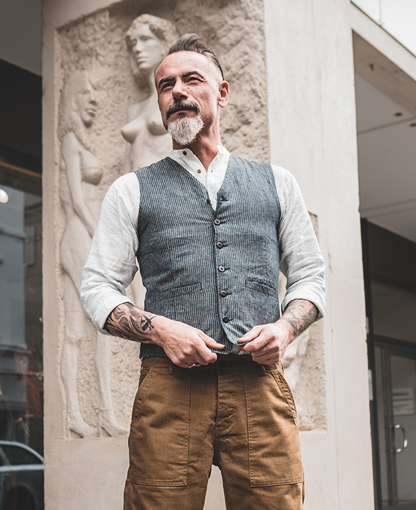 Pike Brothers 1905 Hauler Vest grey striped linen Letzte 3 Tage